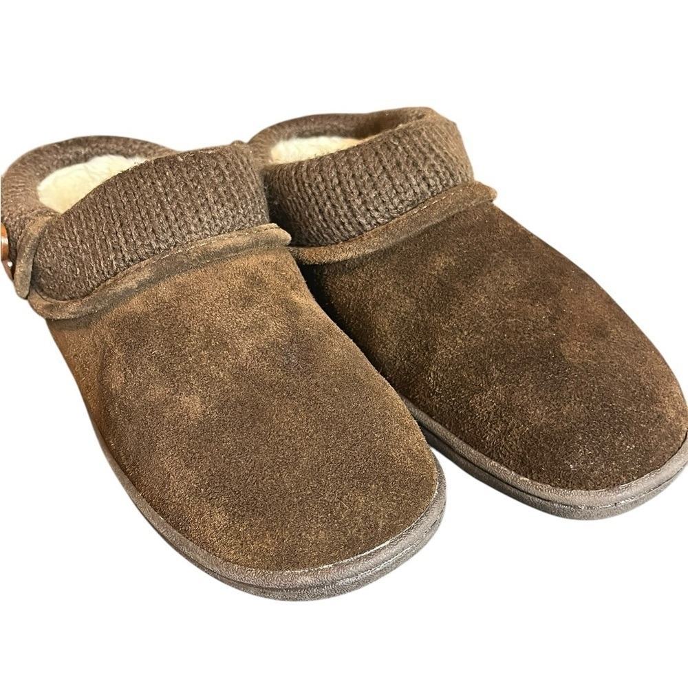 Rockport Brown Suede Mules Clog Slippers Knit Collar Faux Fur Size 7M